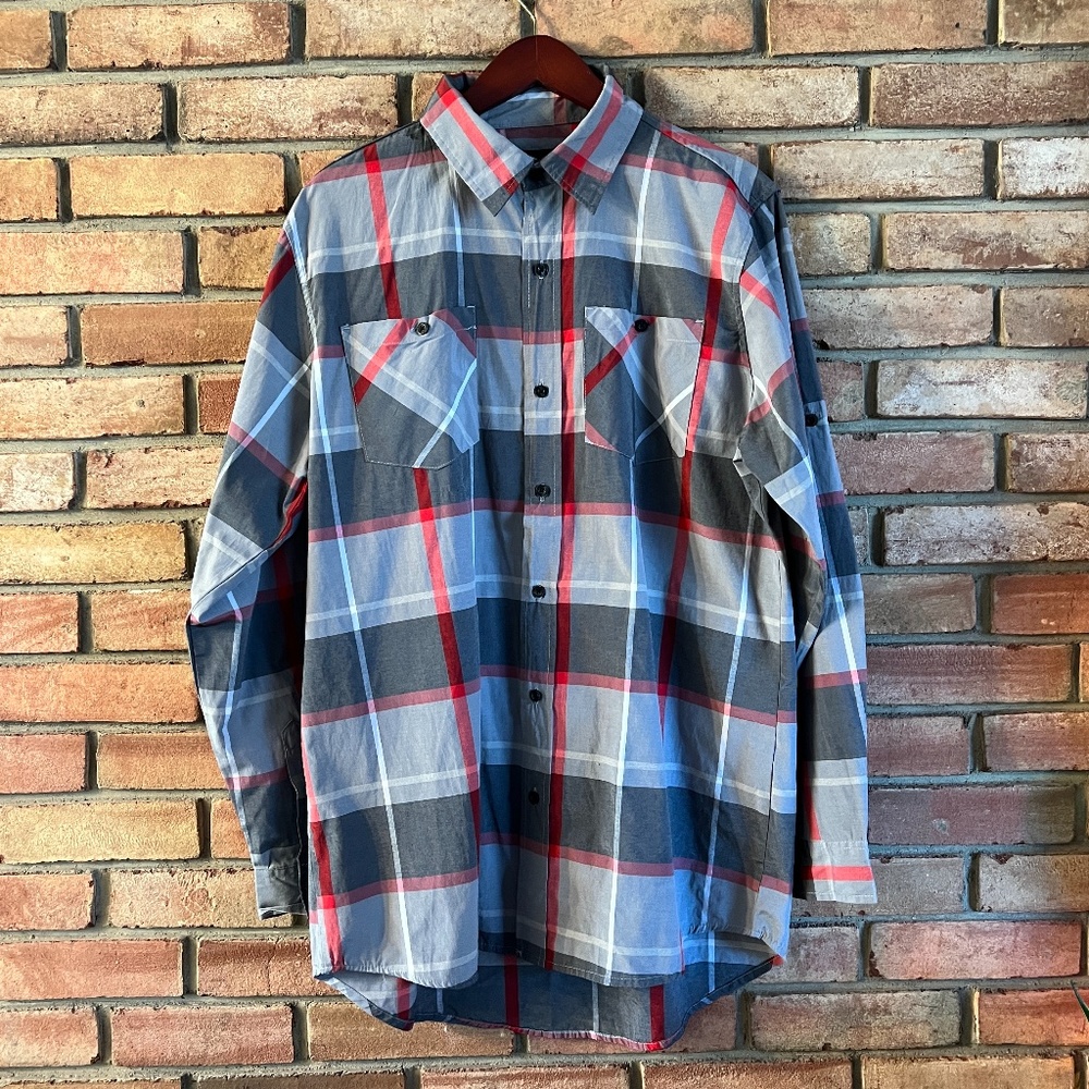 akademiks Grey and Red Plaid Cotton Blend Long Sleeve Button Up Shirt Size XL